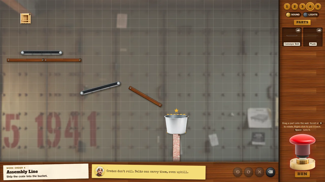 Assembly Line: conveyor belts carry a crate along shelves toward a bucket on a brick pillar, in front of a riveted factory wall.