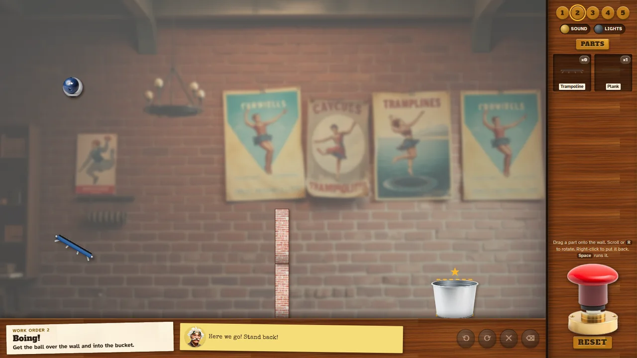 Boing!: a bowling ball flying over a brick wall after bouncing off a tilted trampoline, in front of vintage circus posters.