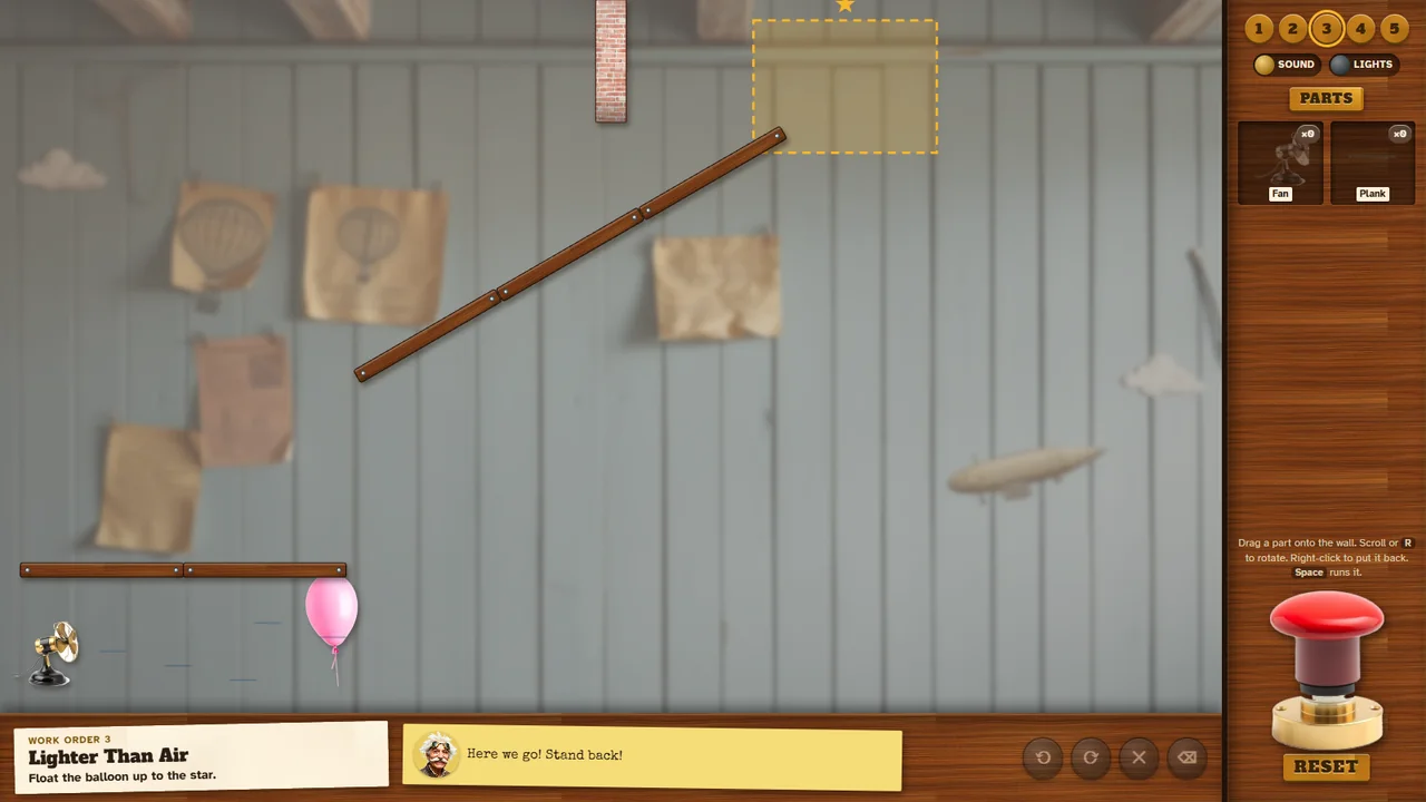 Lighter Than Air: a fan pushes a pink balloon toward a staircase of planks rising to a star near the ceiling.